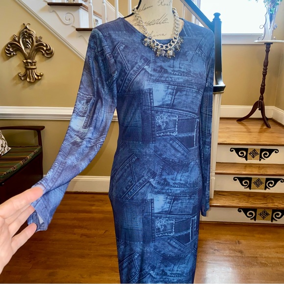 NWT’s Almost Famous Denim Print mesh Maxi Dress - Picture 6 of 12